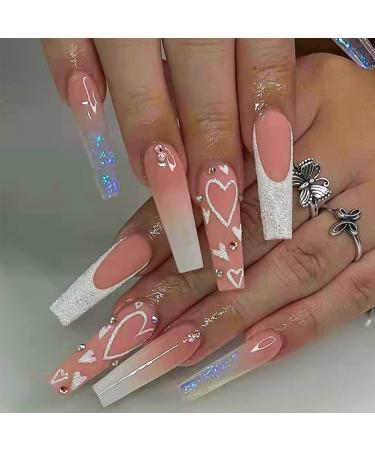 FOAMEE Cute Press on Nails Long Coffin Fake Nails Glitter Sequins Glue on Artificial Nails Rhinestones Glossy False Nails for Women 1A-Pink heart