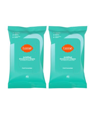 Lume Acidified Deodorant Wipes - 24 Hour Odor Control - Aluminum Free Baking Soda Free Skin Safe - 45 Count (Pack of 2) (Cool Cucumber)