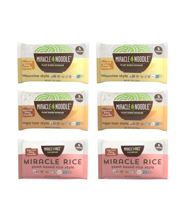 Miracle Noodle Pasta & Rice Variety Pack - Fettuccine & Angel Hair Plant Based Shirataki Noodles - Plant Based Miracle Rice - Keto, Vegan, Gluten-Free, Low Carb, Paleo - 2 Bags of Each (Pack of 6) Variety 6 Piece Assortment