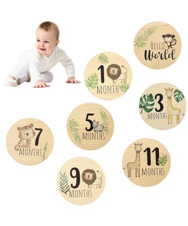 Baby Monthly Milestone Cards Sign 7 Pcs Round Baby Monthly Wooden Cards Double Printed Baby Announcement Sign For Newborn Infants 0-12 Months Baby Shower Growth Recording Photo Prop Baby Shower