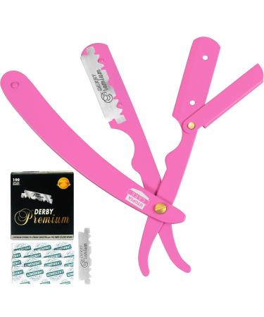 Utopia Care Professional Barber Straight Edge Razor Safety with 100-Pack Derby Blades - 100 Percent Stainless Steel (Pink)