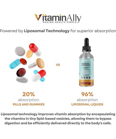 Vitaminally Prenatal + Postnatal Liposomal Liquid Drops with Iron - 30 Day Supply - 3 FL Oz - Non-GMO & Gluten Free - Supports Baby Development and Mom - Easy to Swallow - Buy Online on GoSupps.com