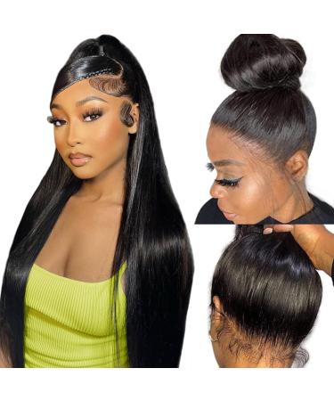 360 lace front wigs human hair pre plucked 200% Density Full Lace Human Hair Wigs 360 HD Transparent Straight Lace front wigs human hair for black women Can Make High Ponytail and Bun 32 Inch 32 Inch Natural Color