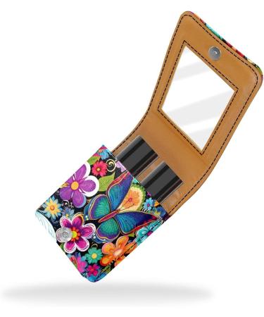 Travel Lipstick Organizer Case | Portable Makeup Bag with Mirror | Colorful Butterflies & Flowers Design - Buy Online on GoSupps.com