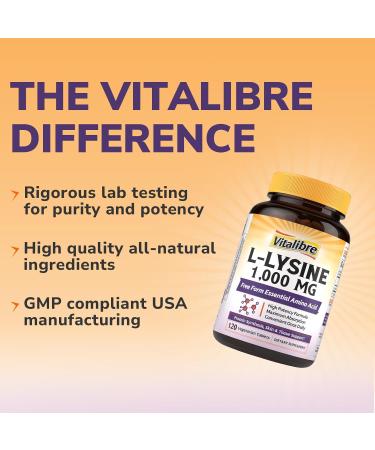 Vitalibre L-Lysine 1000 mg, High Potency L-Lysine HCl, Free Form Essential Amino Acid, Protein & Collagen Synthesis, Immune Support, Maximum Absorption, Vegan, 120 Tablets - Buy Online on GoSupps.com