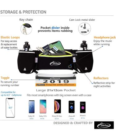 AiRunTech No Bounce Hydration Belt - Adjustable Design for Men and Women - Running Belt with Water Bottle Holder and Large Pocket - Fits Most Smartphones - Black - Buy Online on GoSupps.com