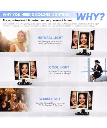 AirExpectal Trifold Makeup Mirror with 72 LED Lights - 3 Color Modes, Touch Screen Dimming, 1x/2x/3x Magnification - Black - Buy Online on GoSupps.com