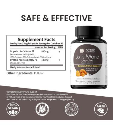 PUTRIZEN Lion s Mane Capsules for Memory Support: 90 Capsules Memory & Cognitive Support Supplement with 50% -Glucan for Mental Clarity & Nerve Health - Buy Online on GoSupps.com