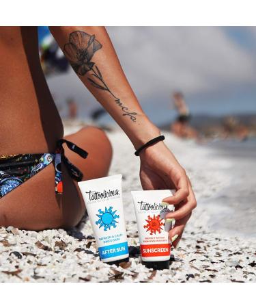 Tattoolicious COMBO SUN - SUNSCREEN 50+SPF Sun protection for tattoos 75 ml + AFTER SUN After-sun cream for tattoos 100 ml - Anti-aging with organic active ingredients. - Buy Online on GoSupps.com