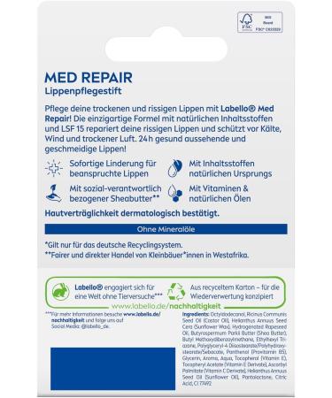 Labello Med Repair Baume l vres sans huile min rale SPF 15 et vitamine E pour l vres gerc es baume l vres au beurre de karit et huiles naturelles (4 8 g) Stift Baume l vres Repair - Buy Online on GoSupps.com