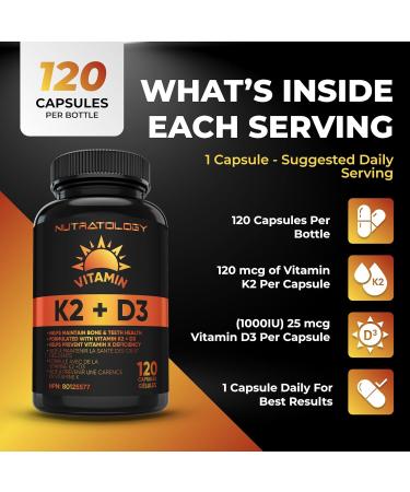 Vitamin K2 + D3 Highest Potency 120MCG/1000 IU - 120 Capsules - Helps Maintain Bone & Teeth Health - Formulated With MK-7 For Best Results - Immune System Support - Made In Canada 120 count (Pack of 1) - Buy Online on GoSupps.com