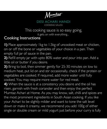 Mumtaz DESI ACHARI Indian Curry Cooking Sauce - Restaurant Quality at Home - Medium Spiced - 700g Jar Serves 8-10 - All Natural Ingredients- Gluten Free- Vegetarian Friendly. - Buy Online on GoSupps.com