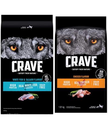 CRAVE Adult Dry Dog Food White Fish & Salmon Flavour (9.98kg Bag) + Chicken Flavour (1.81kg Bag)
