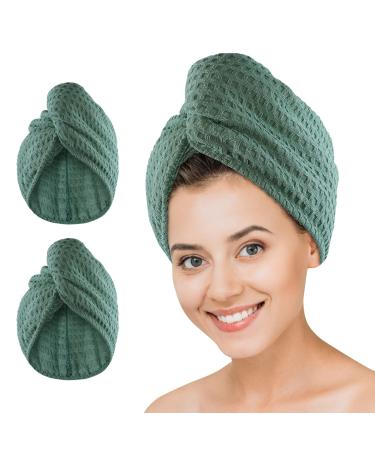 Microfiber Hair Drying Towel - 2Packs Waffle Long Hair Head Turban Wraps Terry Cloth Fast Absorbent Dry Anti Frizz Twist Plopping Curly Shower Turban for Women Wet Hair (Green)