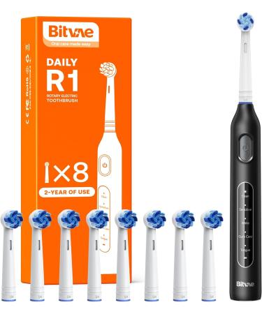 Bitvae R1 Rotating Electric Toothbrush - 8 Brush Heads 60-Day Battery 5 Modes Smart Timer - Ideal for Adults & Kids - Rechargeable Power Toothbrush in Black - Buy Online on GoSupps.com