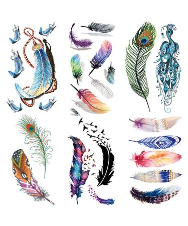 Yesallwas 6 Sheets Small Feather Temporary Tattoo Sticker Fake peacock Tattoos for Women Girls Models Waterproof Long Lasting Body Art Makeup Sexy Realistic Arm Tattoos
