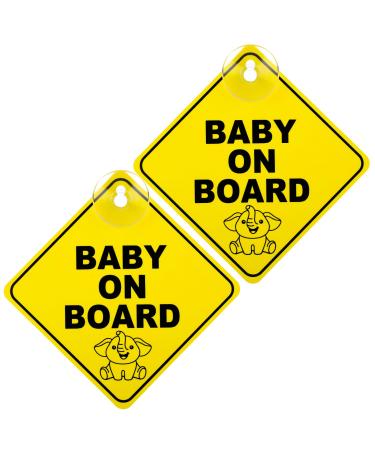 Bewudy 2 PCS Baby on Board Car Warning Sign Baby on Board Sticker Sign for Car Warning with Suction Cups Baby in Car Sticker for Car Reusable Baby on Board Sticker Yellow (Elephant)