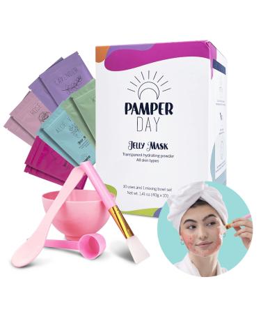 Pamper Day - Jelly Masks for Facials  Peel Off Face Mask Bundle Kit  Jelly Mask Facial Kit for Skin Care  Spa Mask Set With 10 Fruit Peel Masks  Silicone Brush  Mixing Bowl  Spatula  & Measuring Spoon