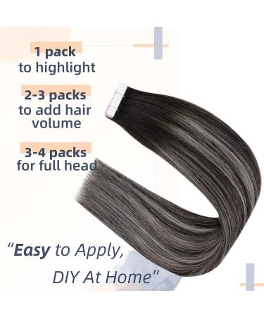 RUNATURE 16 Inch Black Ombre Silver Tape in Human Hair Extensions - 50g Real Human Hair Tape ins #1B/Silver - Buy Online on GoSupps.com