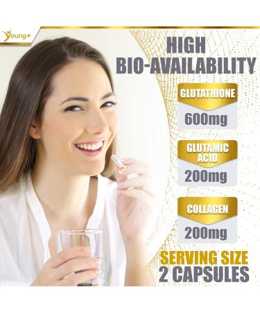 Buy Young+ Glutathione Glutamic Acid & Collagen Antioxidant Supplement 1000mg 60 Capsules for Optimal Health | Shop Internationally - Buy Online on GoSupps.com