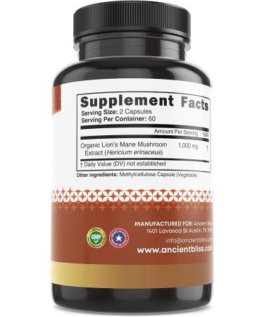 Ancient Bliss Lion's Mane Supplement - 120 Vegan Mushroom Capsules - Buy Online on GoSupps.com