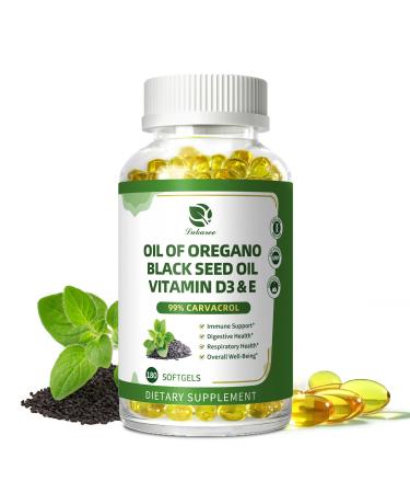 Organic Oregano Oil Capsules with Black Seed Oil Ultra-Concentrated 99% Carvacrol 5-in-1 with Vitamin D3 E Black Pepper Immune Respiratory Digestive & Antioxidant* 180 Softgels Easy to Swallow 180 Count (Pack of 1)