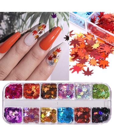 12 Colors Fall Leaf Glitter Nail Sequins - Holographic Maple Leaf 3D Nail Art Flakes for Manicure and Makeup - DIY Christmas Decorations - Buy Online on GoSupps.com