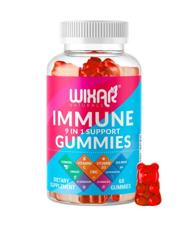 WIXAR NATURALS 9 in 1 Immune Support Gummies with Elderberry  Vitamin C&D  Zinc  Turmeric  Ginger  Echinacea  Astragalus & Sea Moss for Immunity Supplement - 60 Gummies