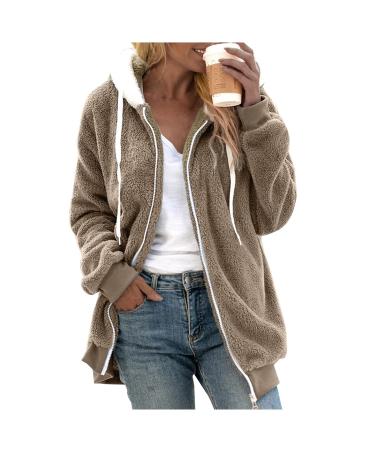 Hanxiulin fleece jacket plush jacket cuddly jacket women warm winter jacket long -sleeved winter coat jacket causal sweat jacket loose slim autumn winter coat women M khaki