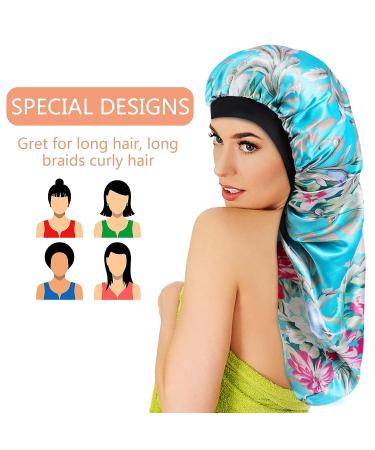 Satin Bonnet Sleep Cap Set for Black Women - 2 Pcs Silk Bonnets for Curly Hair, Braids, Dreadlocks - Soft Elastic Band, Satin Material - Black+Blue Flower Design - Buy Online on GoSupps.com