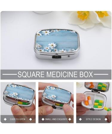 White Flowers Light Blue Wood Print Pill Box Decorative 2 Compartment Portable Pill Organizer for Pocket & Purse - Buy Online on GoSupps.com