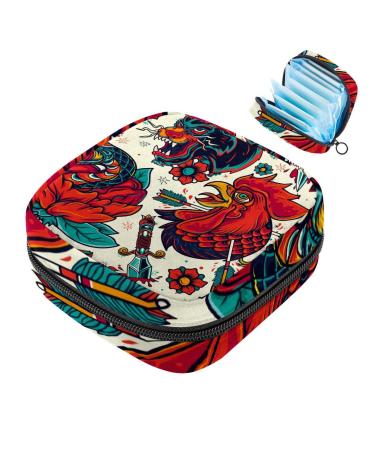 Colorful Rooster Tiger Rose Ladies Napkin Storage Bag Portable Zippered Napkin Pouch for Teen Girls Women Ladies