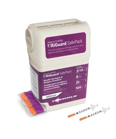 All-in-One UltiGuard Safe Pack U-100 Insulin Syringes and Sharps Container for at-Home Insulin Injections and Safe Needle Disposal Size: 3/10cc, 31G x 5/16 (8mm), 100 Count
