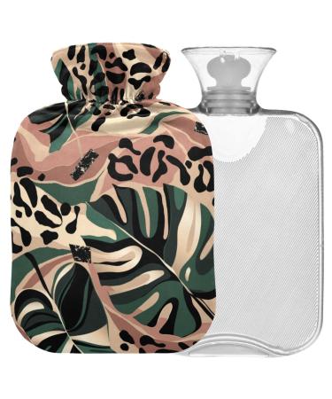 NAANLE hot water bottle with cover Leopard palm leaves Transparent hot water bottle 2l large hot hot water bottle for menstrual cramps pain relief handfoots heat and cold therapy