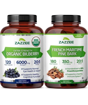 Zazzee French Maritime Pine Bark Extract and Organic Bilberry Extract Capsules | 20:1 Bilberry Supplement Plus French Pine Bark | Circulatory Support Bundle
