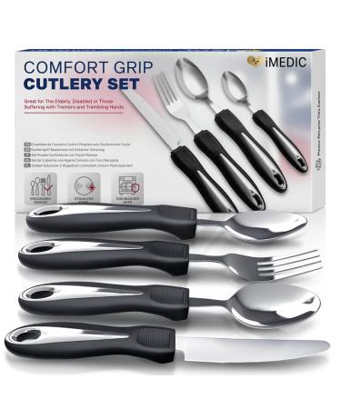 iMedic Comfort Grips Cutlery - Cutlery for Disabled Hands - Dishwasher Safe Disabled Cutlery for Adults - Disability Cutlery for Adults Suffering from Trembling Hands - 1 Set Silver/Black Single