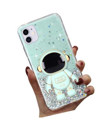 Tivenfezk nadoli for iPhone 11 astronaut hidden stands shell caricature glitter stand soft silicone bling transparent protective cover iphone 11 green