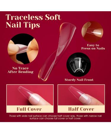 Rosalind Ballerina Nail Tips - 504pcs Clear Gel Fake Nails Full Cover 12 Sizes Long Coffin Shape for Women - Soft Acrylic Nail Art Accessories - Buy Online on GoSupps.com
