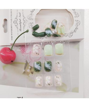 Green Halo Camellia Press on Nails - 24 Pcs Full Cover False Nails with Floral Design for Women - Buy Online on GoSupps.com