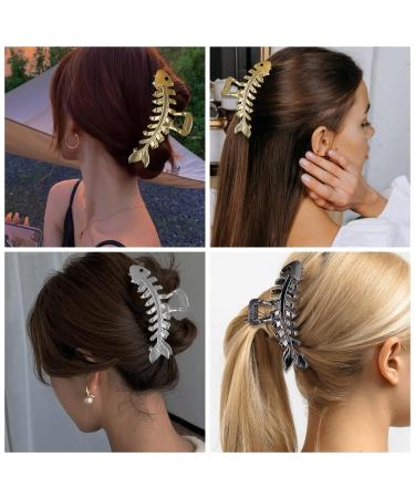 3PCS Fish Bone Shaped Metal Hair Claw Clips Set - Non-Slip Hair Clamps for Women and Girls - French Barrette Style - Gold, Silver, Black - Buy Online on GoSupps.com