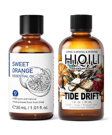 HIQILI 30ML Sweet Orange Essential Oil & 30ML Tide Drift Fragrance Oil for DIY Diffuser