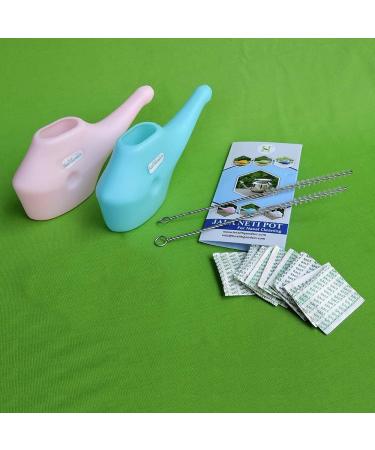 Set of 2 Unbreakable Plastic Neti Pot with Salt Sachets and Cleaning Brushes - Pink and Blue - Buy Online on GoSupps.com