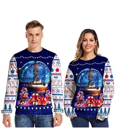 Bigfanshu Womans Fall Clothes 3D Print Christmas Long Sleeves O-Neck Pullover Sweatshirt Blouse Tops Dark Blue