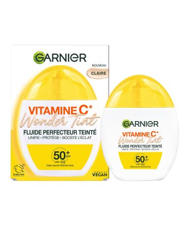 GARNIER - SkinActive Vitamine C - Fluide Perfecteur Teint Wonder Tint SPF50+ - Soin Teint Visage Protecteur - Unifie Hydrate & R duit les Taches Brunes - Tous Types de Peaux - Teinte Claire - 40 ml