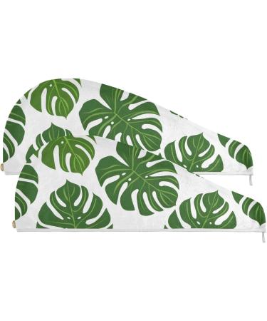 Green Monstera Leaf Hair Towel 2 Pack - Super Absorbent Quick Dry Hair Turbans for Women & Girls - Buy Online on GoSupps.com