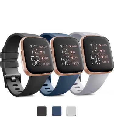 PACK 3 Soft Silicone Bands for Fitbit Versa 2 / Fitbit Versa / Fitbit Versa Lite Classic Adjustable Sport Bands for Women Men Small Large(Without Tracker) (Large, Black+Blue+Grey) Large Black+Blue+Grey