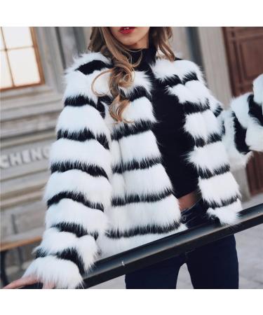 Women's Elegant Cropped Faux Fur Party Coat - Black & White Stripe Colorblock - Size XL - Buy Online on GoSupps.com