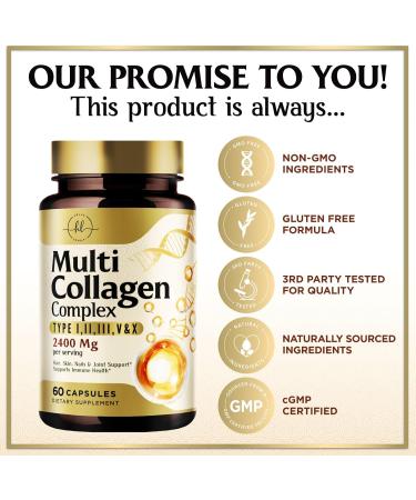 Multi Collagen Supplement 2400mg - Best Hydrolyzed Collagen Complex for Women & Men - with Peptide Type I II III V X - Hair Skin Nail Bone & Joint Support for Beauty & Wellness - 60 Capsules 60 Count (Pack of 1) - Buy Online on GoSupps.com