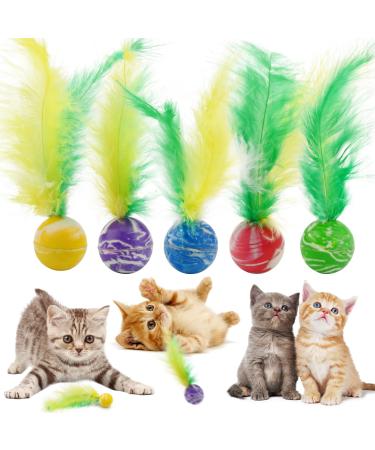 5 Pcs Cat Toys Balls with Feather Teaser Interactive Kitten Toys Colorful Cat Balls Toy Funny Cat Feather Toys for Indoor Outdoor Playing Chasing Chewing Training (Random Colours)