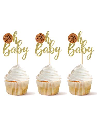 36 PCS Basketball Oh Baby Cupcake Toppers Glitter NBA Baby Shower Cupcake Picks Sports Theme Oh Baby Cake Topper for Gender Reveal Kids Boys Girls Birthday Party Cupcake Decorations Gold